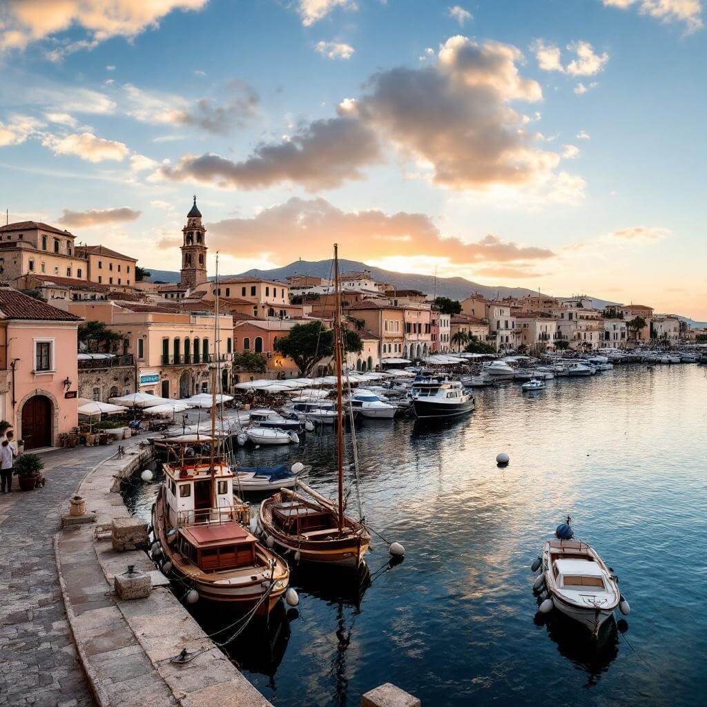 Panoramic view of Chania's Venetian harbor at golden hour with historic architecture, colorful buildings, serene waterfront, and traditional boats under warm Mediterranean light