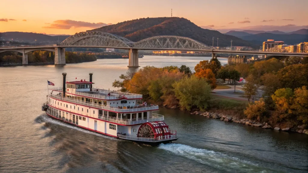 "Southern Belle riverboat cruising on the Tennessee River at sunset, with Lookout Mountain, autumn-colored Appalachian foothills, and Chattanooga skyline in the background, and Walnut Street Bridge in the middle distance."