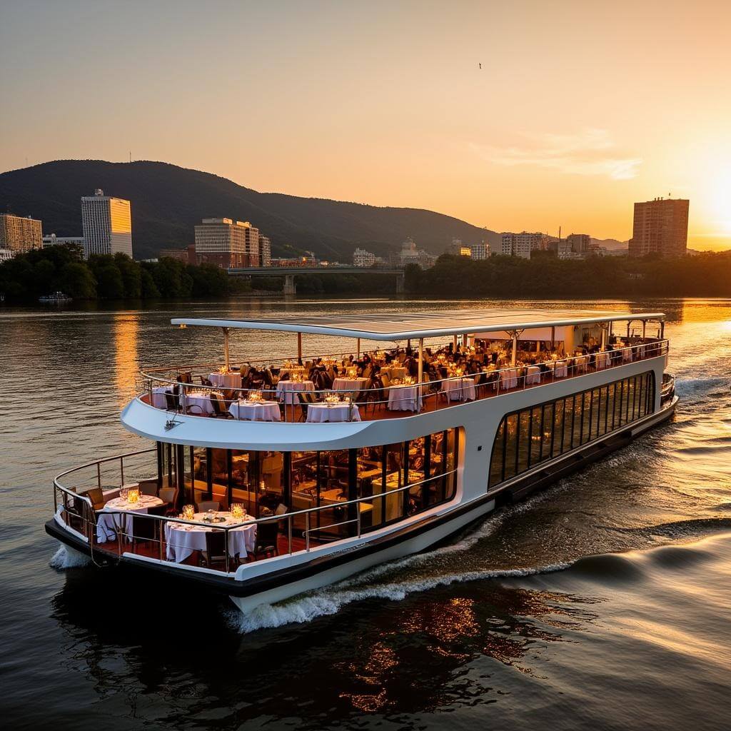 Modern solar-paneled riverboat cruising the Tennessee River at sunset with Chattanooga skyline and Lookout Mountain in the background, deck set with elegant dining tables in warm golden hour light
