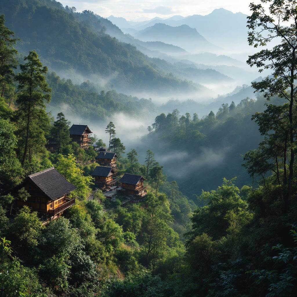 Misty morning in Chiang Mai with traditional hill tribe structures amidst dense forest and foggy mountain peaks