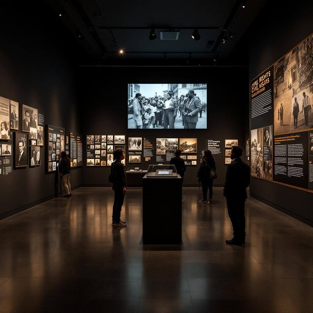 Civil rights museum interior with multimedia exhibits, archival photographs, and historical artifacts in soft lighting