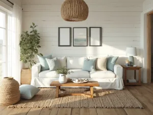 "Coastal farmhouse living room with white shiplap walls, natural oak furniture, soft blue linens, woven textures, seagrass baskets, ceramic shells, and golden morning light"