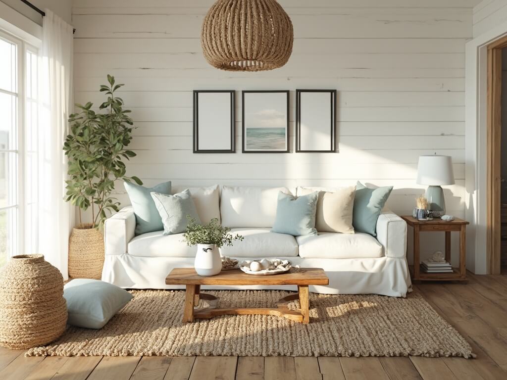 "Coastal farmhouse living room with white shiplap walls, natural oak furniture, soft blue linens, woven textures, seagrass baskets, ceramic shells, and golden morning light"