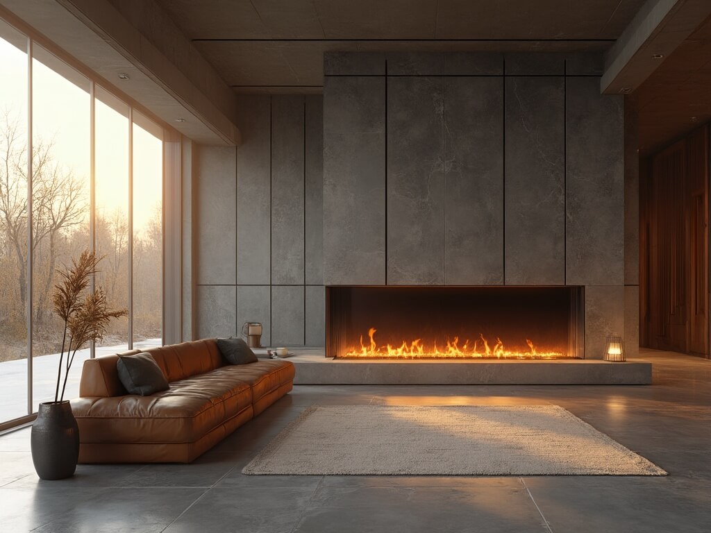 "Contemporary living room with floor-to-ceiling glass fireplace, natural stone surround, minimalist furniture, and golden hour lighting"