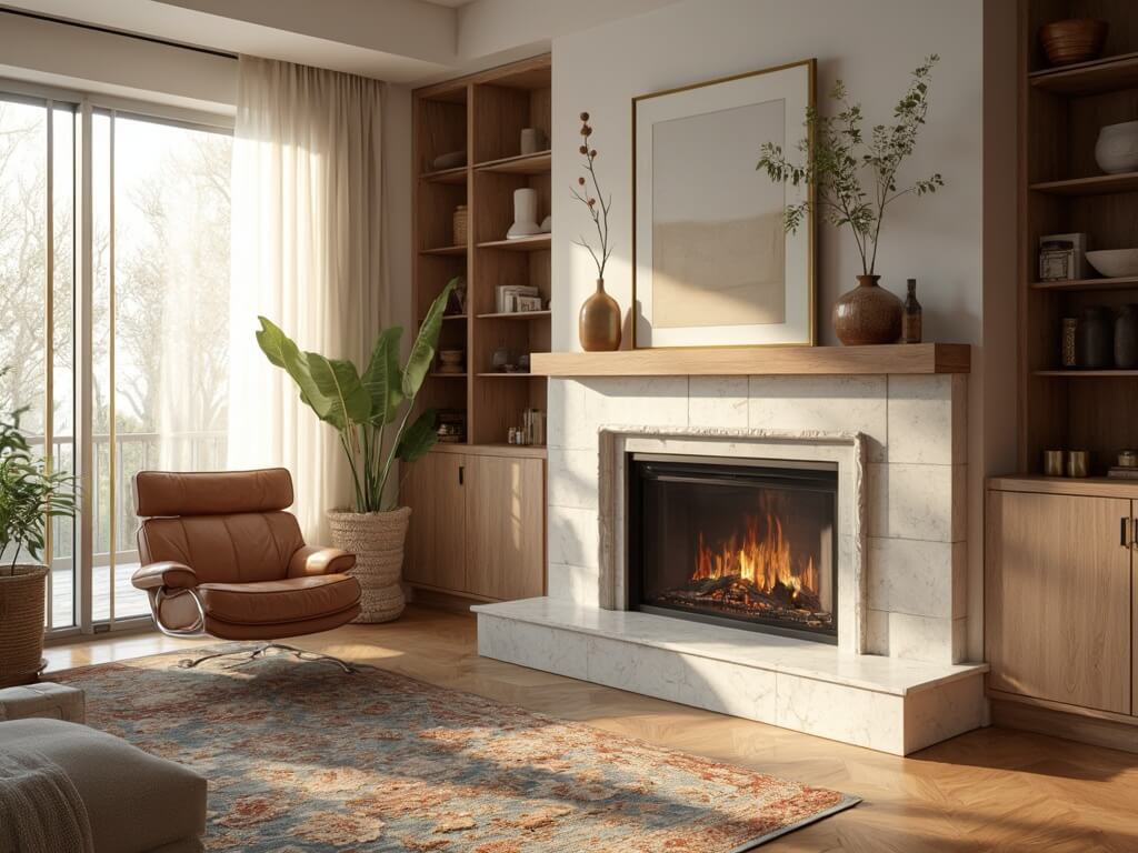 "Elegant corner fireplace makeover with marble surround, brass accents and built-in shelving in a sophisticated living room"