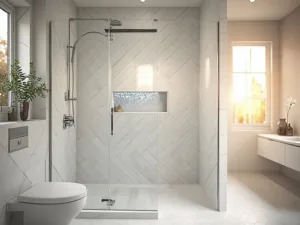 "Bright bathroom with corner walk-in shower featuring marble subway tiles, glass enclosure, chrome fixtures, and white oak vanity"