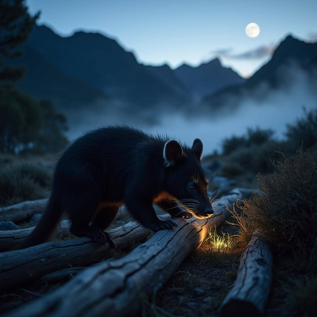 Tasmanian devil foraging near fallen logs at twilight in Cradle Mountain under moonlit sky with mountain silhouette in background, amidst misty valley