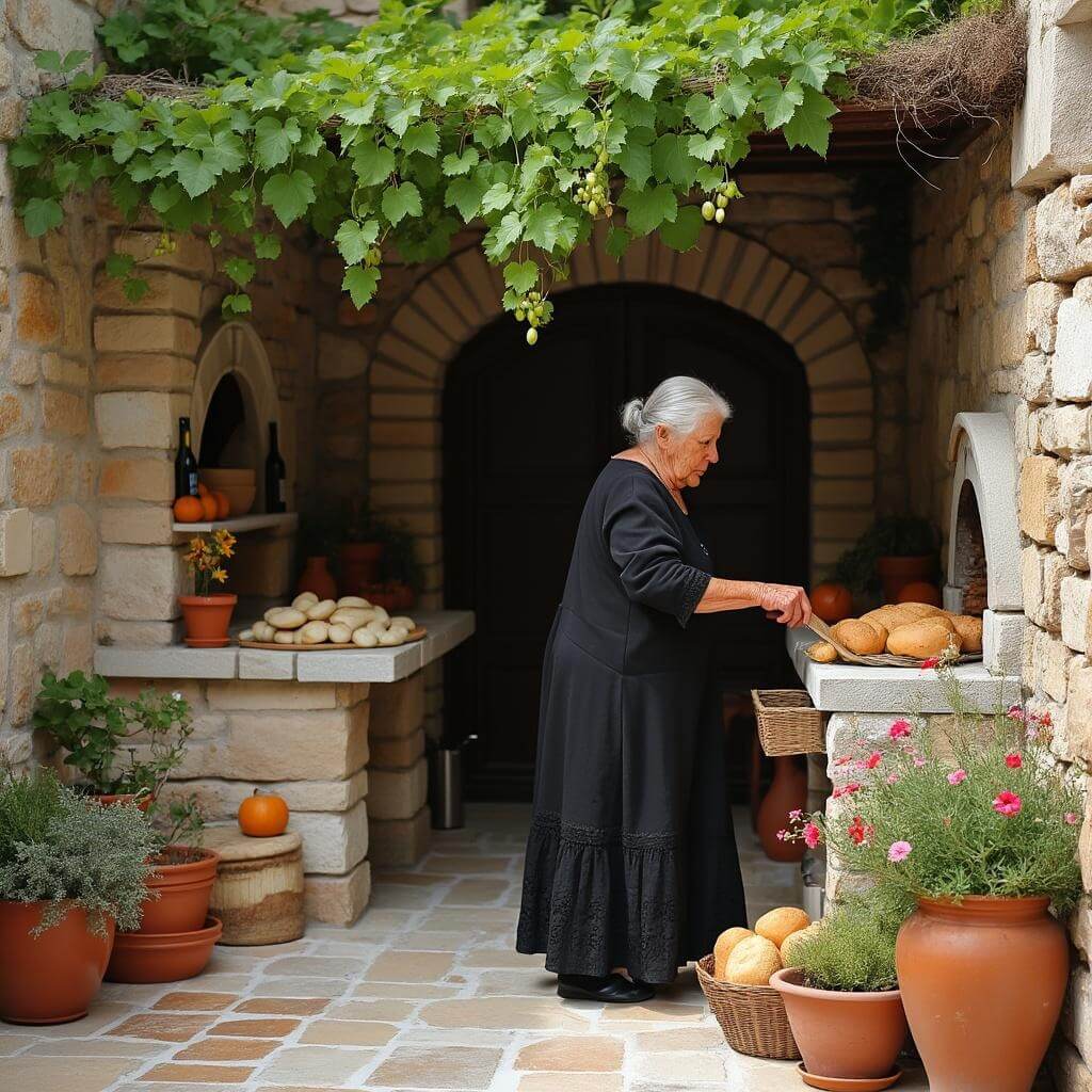 Elderly Cretan woman in traditional dress baking bread in a wood-fired oven in a stone courtyard, surrounded by terracotta pots of herbs and flowers.