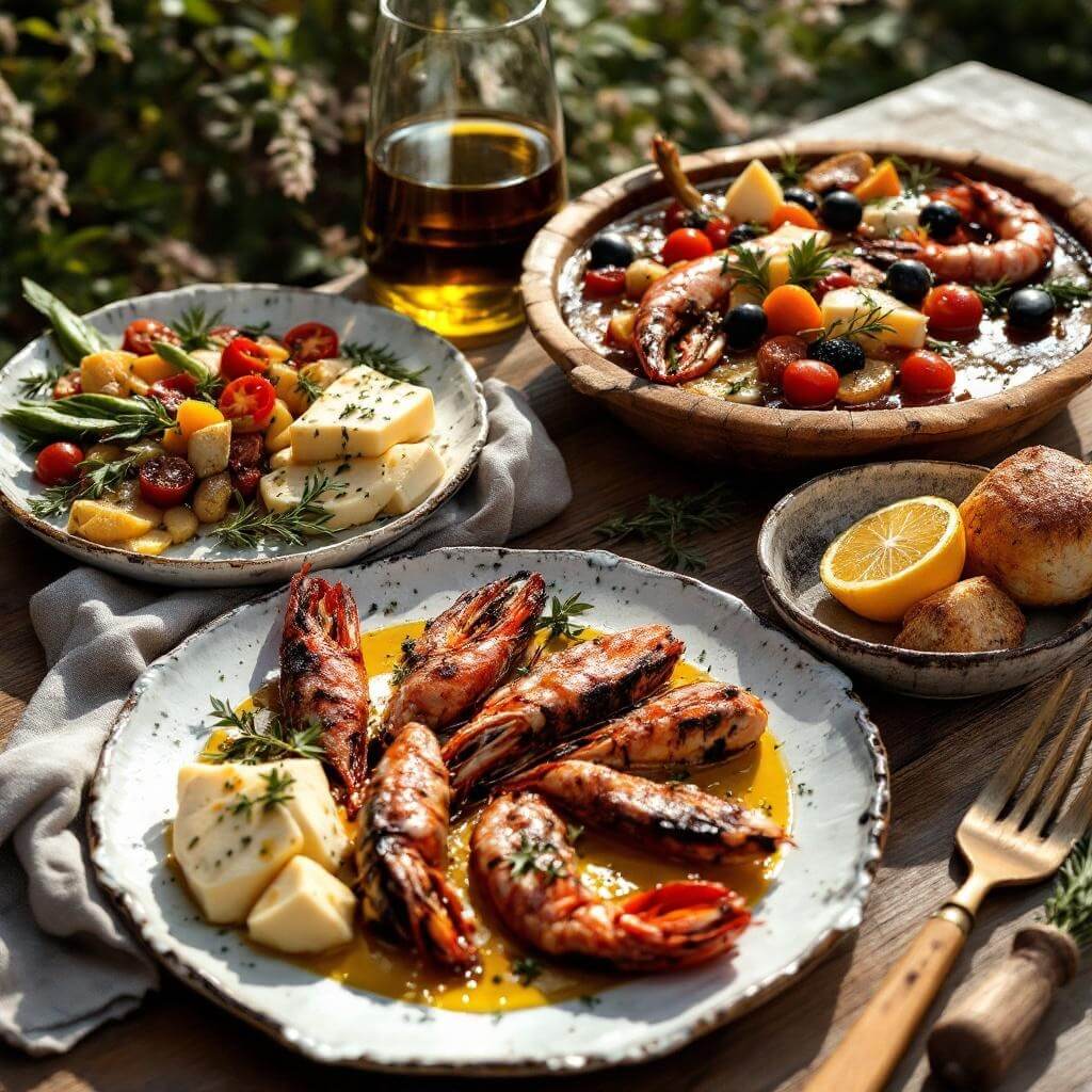 Artfully arranged traditional Cretan meal spread featuring grilled seafood, local cheeses, olive oil, and regional wine on rustic ceramic plates in natural Mediterranean light