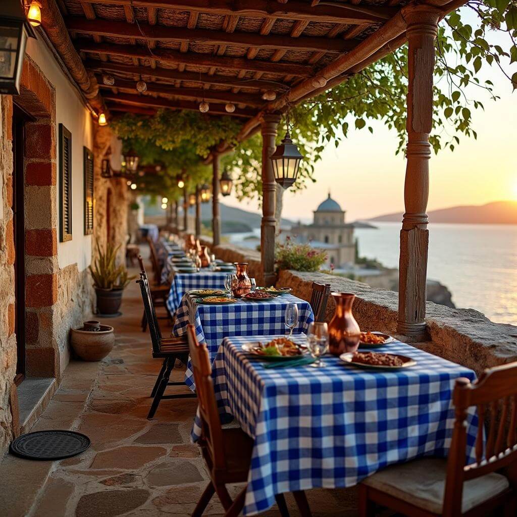 Rustic taverna in Crete at sunset, with wooden tables on a stone terrace overlooking the Mediterranean Sea, featuring blue and white checkered tablecloths, copper wine carafes, and ceramic plates with local dishes in warm golden light.