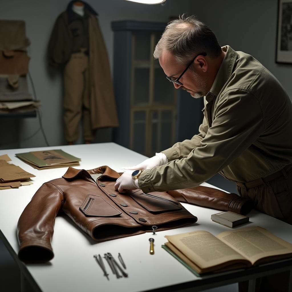 Museum curator examining World War II pilot's leather flight jacket with preservation tools on a conservation table