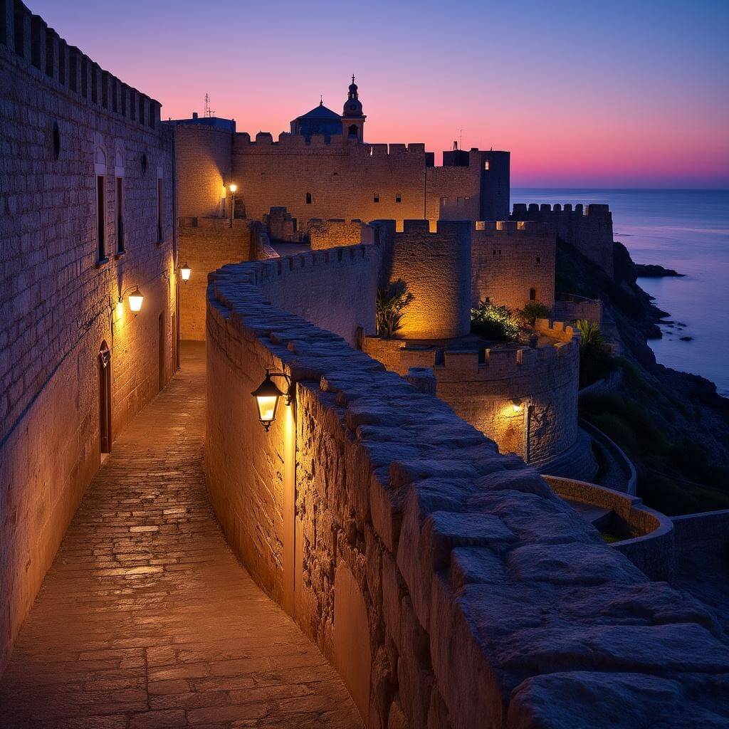 Dalt Vila's medieval fortress at twilight with illuminated stone walls, winding cobblestone streets, historic architecture, and Mediterranean Sea under a purple-orange sunset