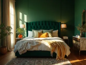 "Luxurious bedroom with emerald green walls, velvet headboard, brass accents, and a mix of textures under warm sunlight."