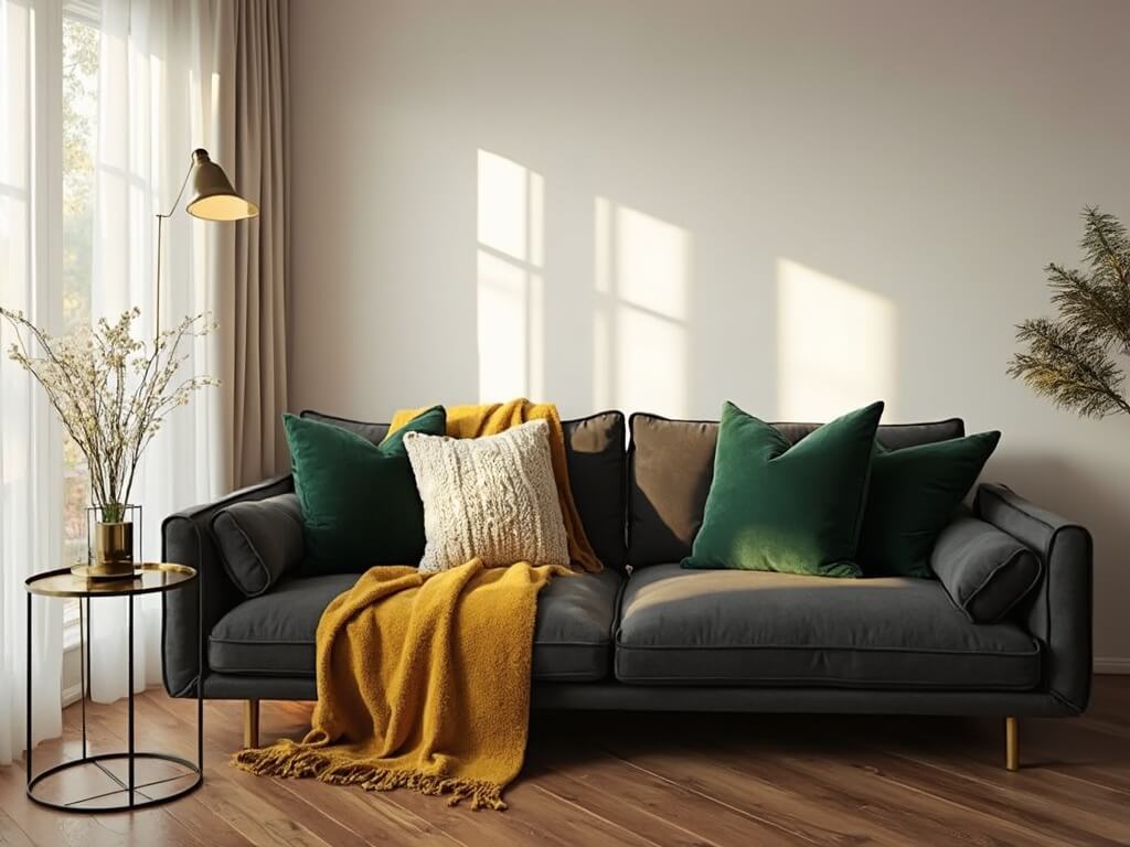 "Dark grey sofa with emerald velvet pillows, mustard throw, brass accents, and warm golden light in a clean Scandinavian interior"