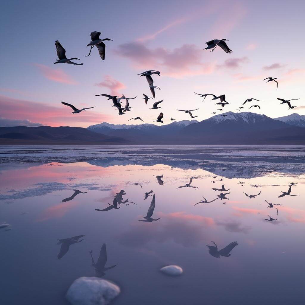 Migratory birds flying over reflective salt flats at dawn, with pink and purple clouds in the sky and distant mountains