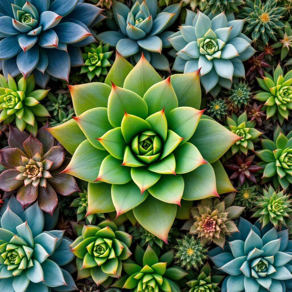 Overhead close-up of colorful cacti and succulents showcasing texture and shape in soft morning light