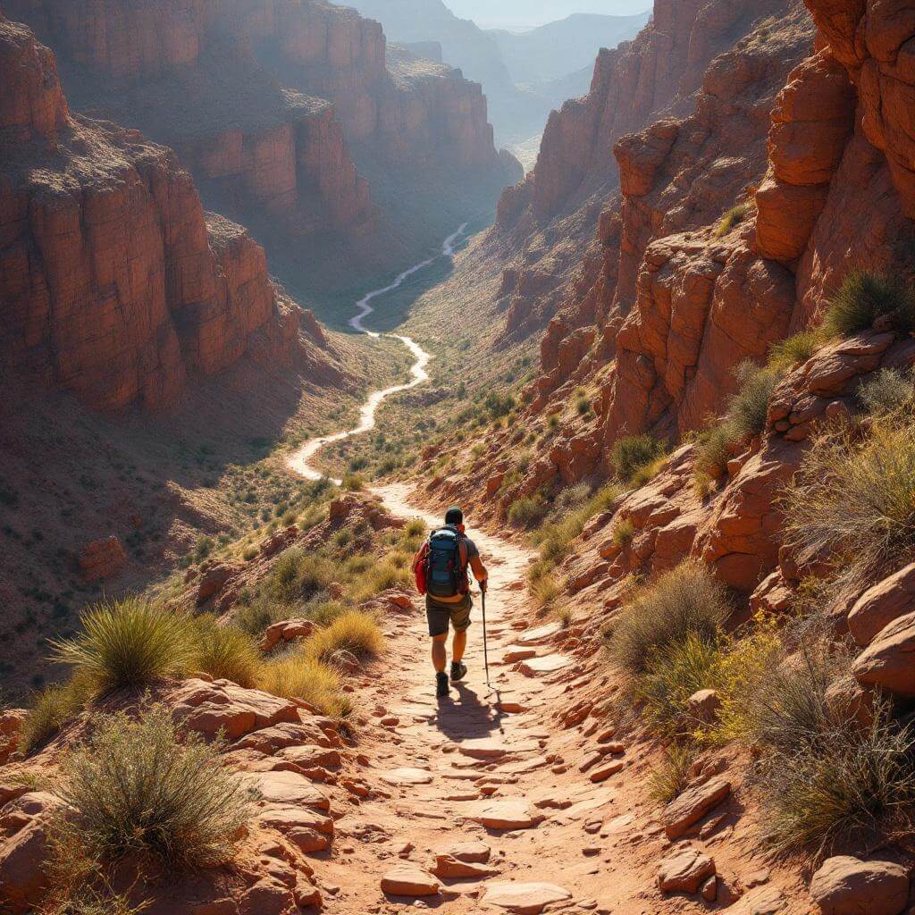 Early morning light illuminates rugged desert hiking trail with steep switchbacks leading into the canyon, showcasing a challenging rocky terrain with minimal vegetation and dramatic elevation changes