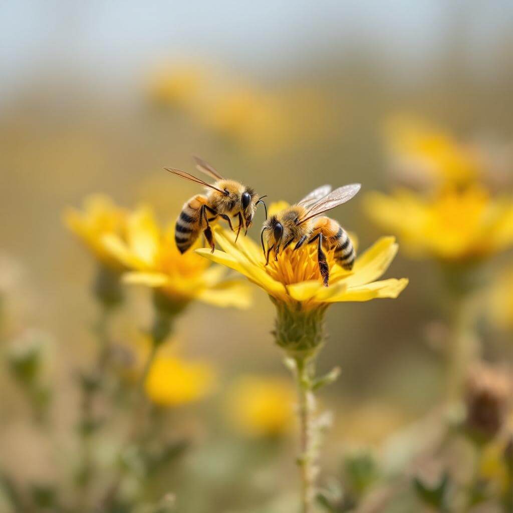 Macro shot of bee pollinating desert wildflower with soft-focused desert vegetation in background