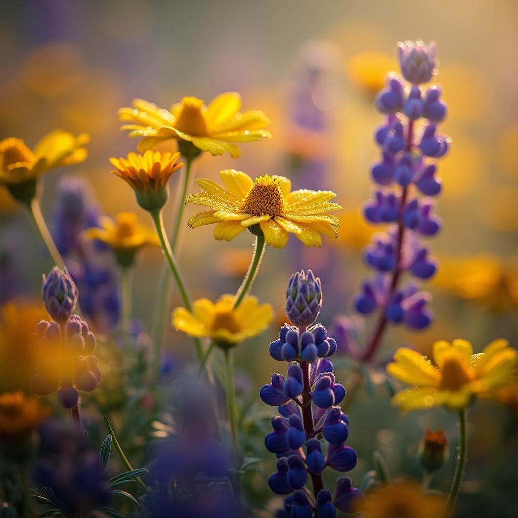 Macro shot of dew-kissed yellow marigolds and purple lupines in spring desert bloom with soft bokeh effect