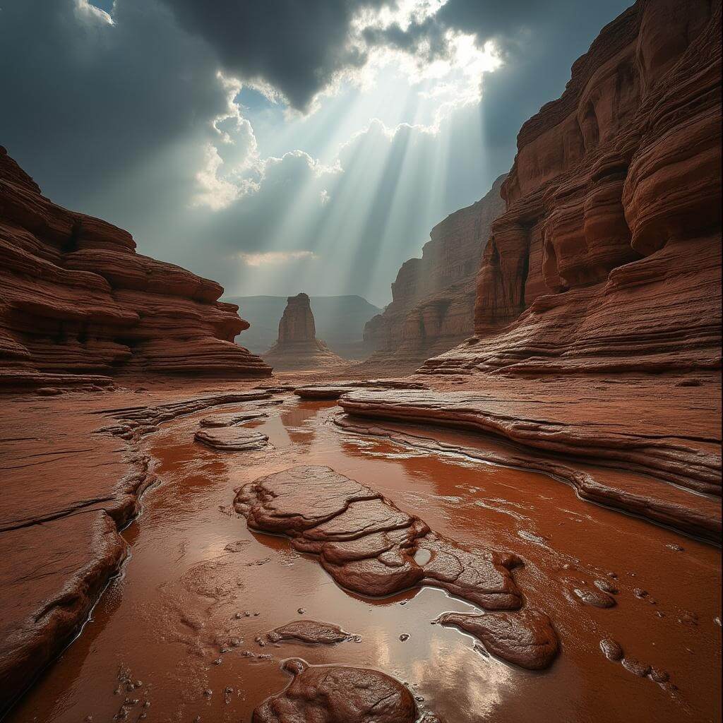 Ancient rock formations displaying intricate erosion patterns on wet sandstone under clearing storm clouds with sunrays breaking through