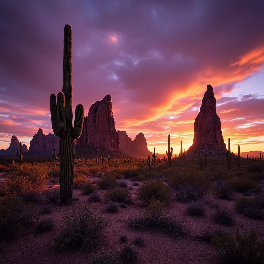Dramatic sunset over Papago Buttes with silhouette of saguaro cacti and vibrant sky colors casting long shadows on desert floor