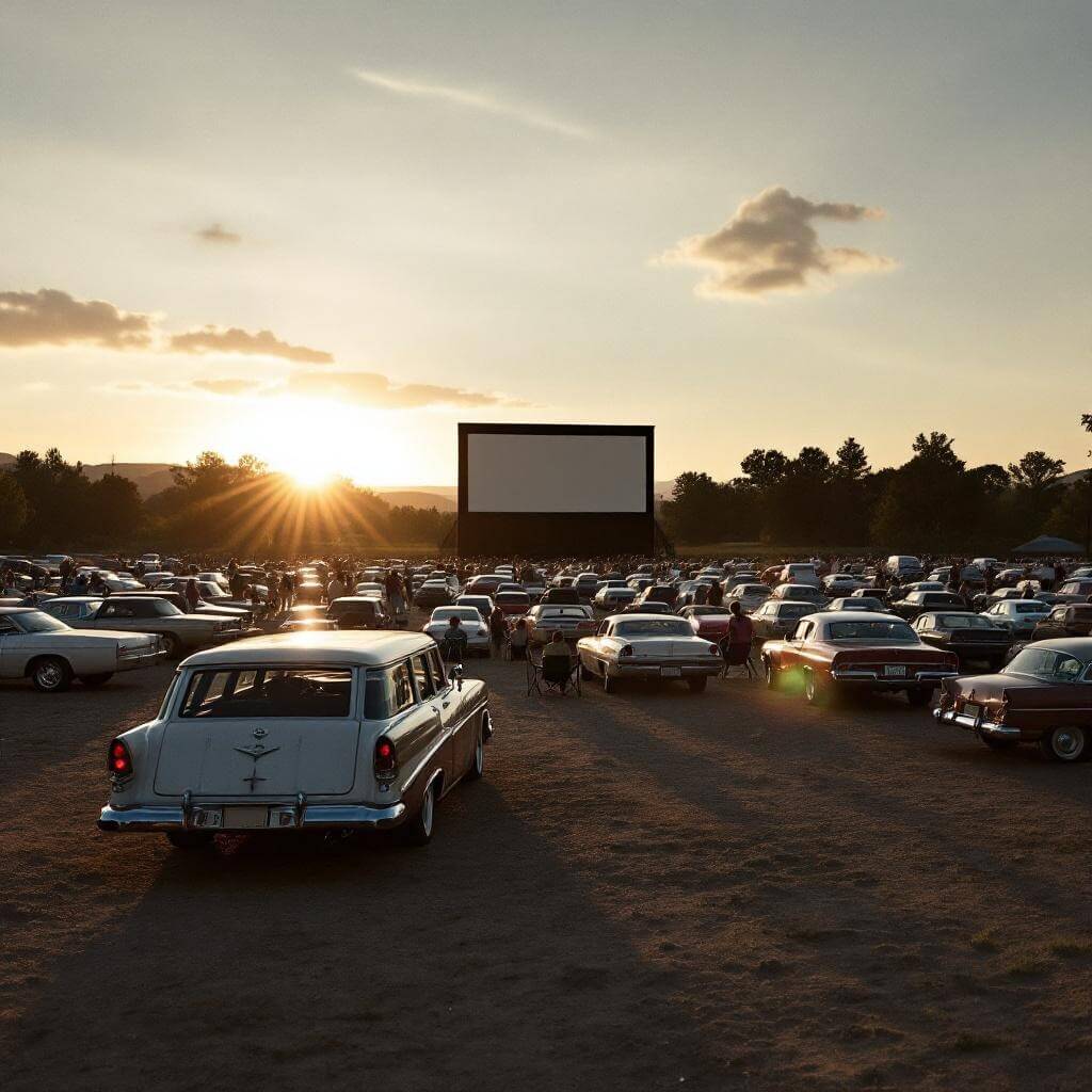 Vintage station wagon parked at a drive-in theater at sunset, families setting up lawn chairs in golden light with large movie screen in the background.