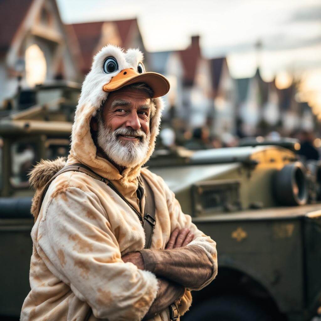 Charismatic tour guide in duck-themed outfit standing before WWII amphibious vehicle with Bathhouse Row in background