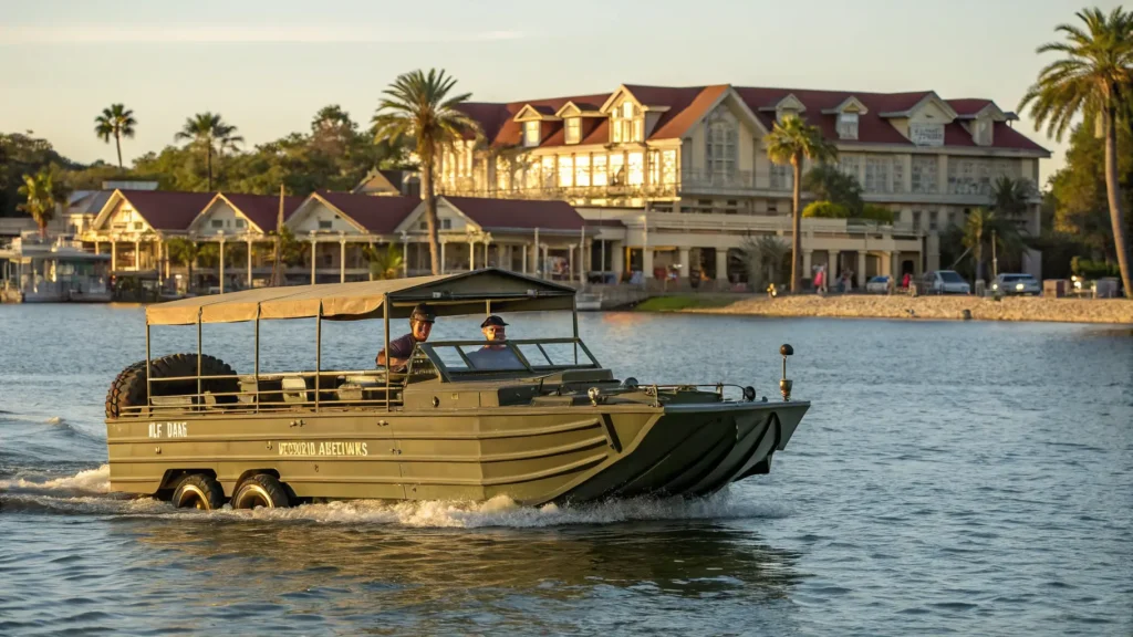"Vintage WWII DUKW amphibious vehicle carrying tourists at Lake Hamilton, with historic bathhouses in the background during golden hour in Hot Springs, Arkansas."