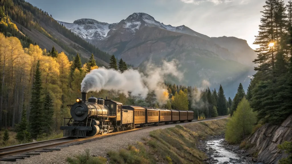"Vintage steam locomotive traversing Colorado's mountainous landscape, with the Durango & Silverton Railroad's locomotive #473 billowing steam against snow-capped San Juan Mountains and the Animas River below in golden afternoon light."