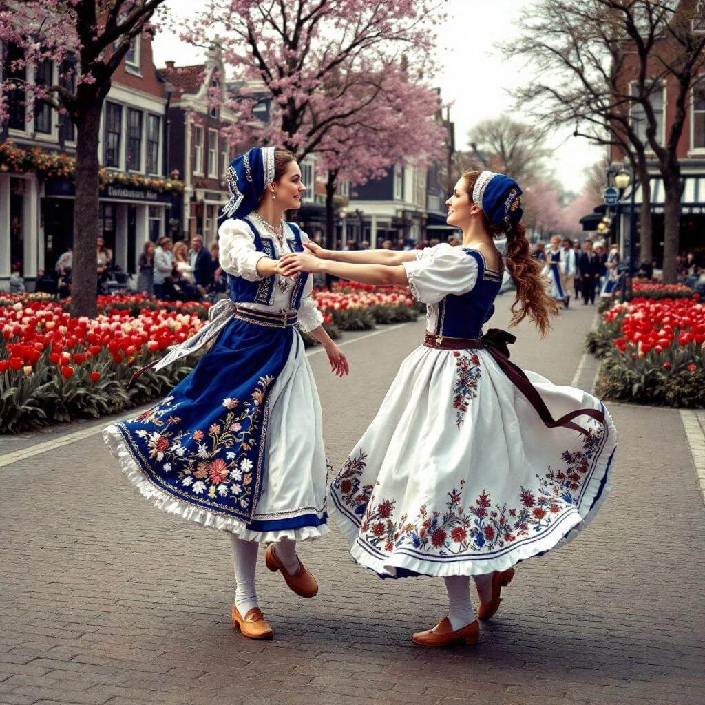 Traditional Dutch dancers in embroidered costumes performing in wooden clogs, amidst historic buildings and tulip-lined streets of downtown Holland