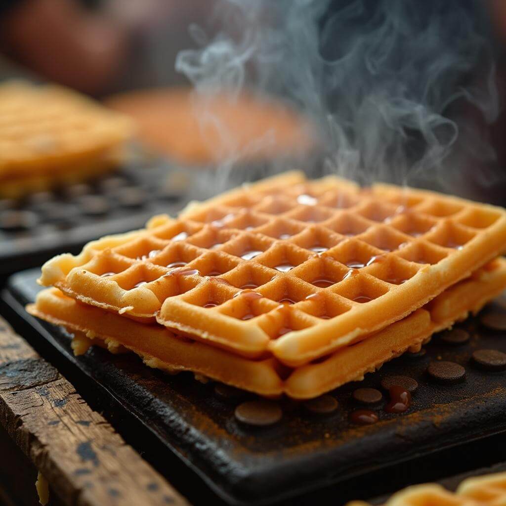 Making traditional Dutch stroopwafels at a wooden market stall with steam rising from the iron and warm caramel being drizzled between crispy wafers