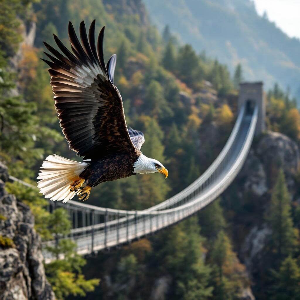 Bald eagle in flight near Grandfather Mountain with a suspension bridge in the background
