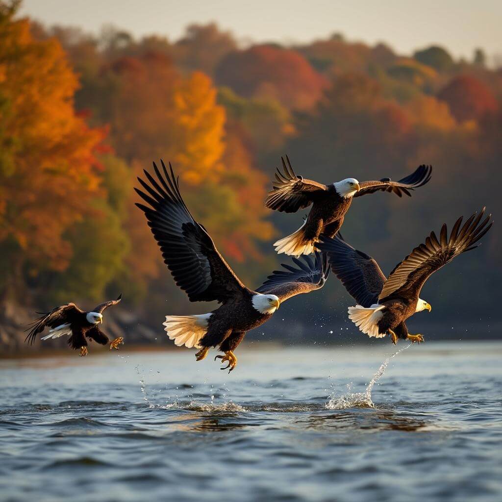 Photographer capturing a family of bald eagles flying over the Tennessee River amidst vibrant fall foliage, with eagles diving towards the water, wings illuminated by the afternoon sun.