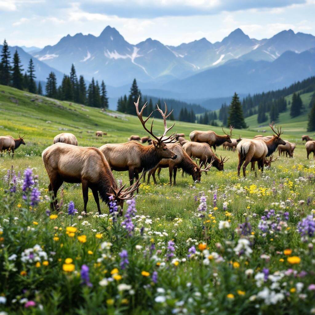 A herd of elk peacefully grazing in a lush green mountain meadow dotted with wildflowers, under soft natural lighting, with distant mountain ranges in the background