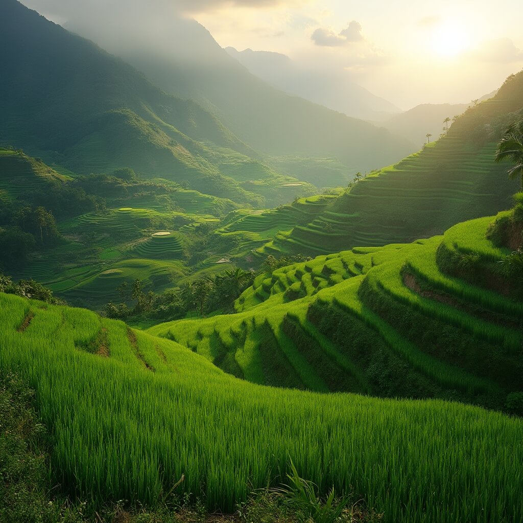 Emerald green rice terraces on volcanic mountainside at golden hour with morning light highlighting stepped farming techniques