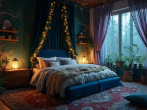 "Enchanted bedroom with velvet canopy, fairy lights, hand-painted forest wallpaper, plush textures, antique lanterns and moonlit forest view"