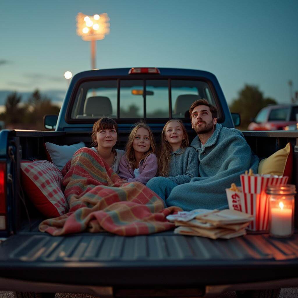 Family enjoying a drive-in movie from the back of their pickup truck at dusk, surrounded by blankets and pillows with a picnic setup.