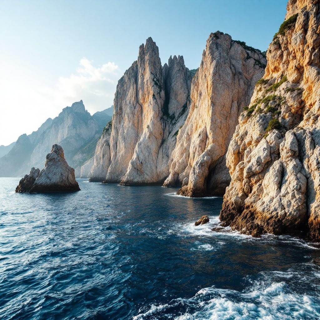 Faraglioni Rocks rising from deep blue sea, shot from boat perspective in soft morning light