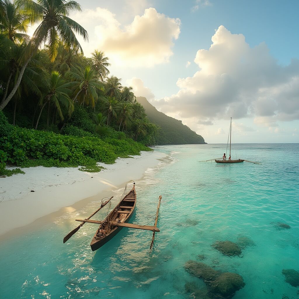 Traditional outrigger canoe on a pristine Fijian beach with turquoise waters, white sands and tropical vegetation during golden hour