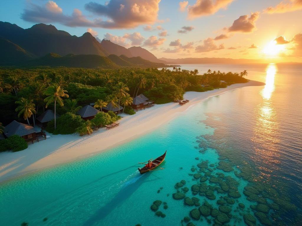 "Aerial view of a Fijian island at sunset with turquoise lagoons, white beaches, rainforest, traditional wooden bures, an outrigger canoe, and visible coral reefs"