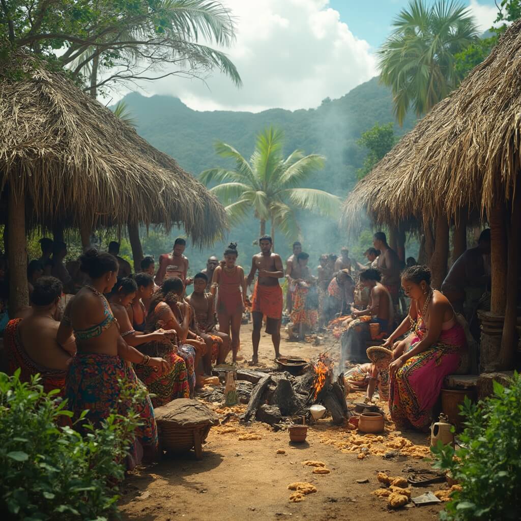 Local Fijian families in traditional attire participating in a communal feast at a traditional village with thatched roof bures, amidst verdant tropical environment