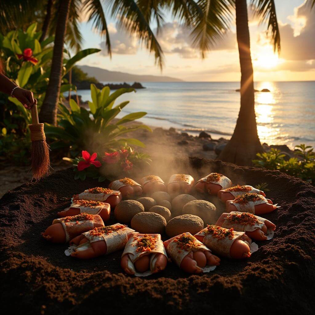 Traditional Fijian lovo feast preparation at sunset with food parcels of seafood and root vegetables being placed in a smoking earthen pit, surrounded by palm trees and tropical flowers under soft golden light.