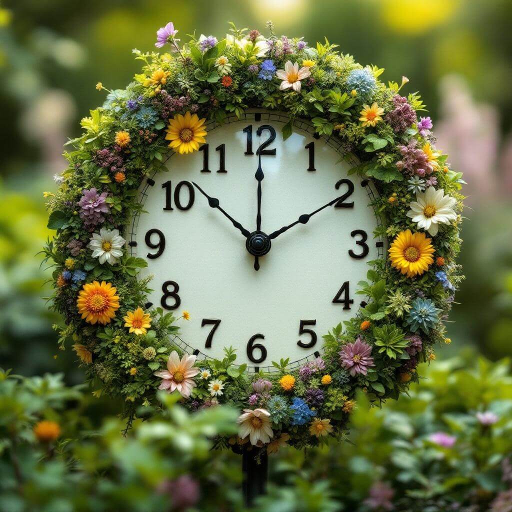 Macro photography of the floral clock with precise arrangement of living plants in a verdant garden background