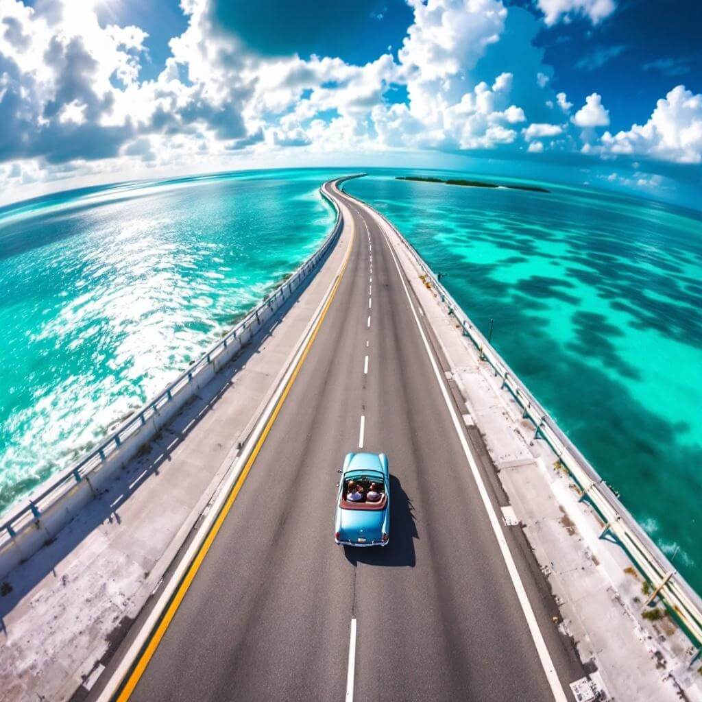Classic convertible driving on the Overseas Highway across turquoise blue waters, connecting Florida Keys under a dramatic sunset, with distant islands in the background