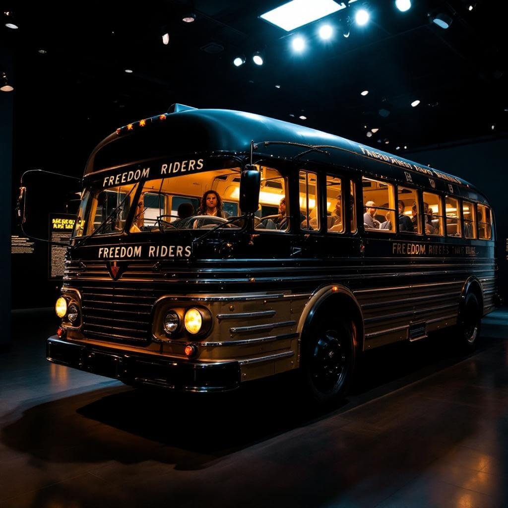 Recreated Freedom Riders bus in a museum, dramatically lit to emphasize historical significance, with detailed view of bus exterior and interior