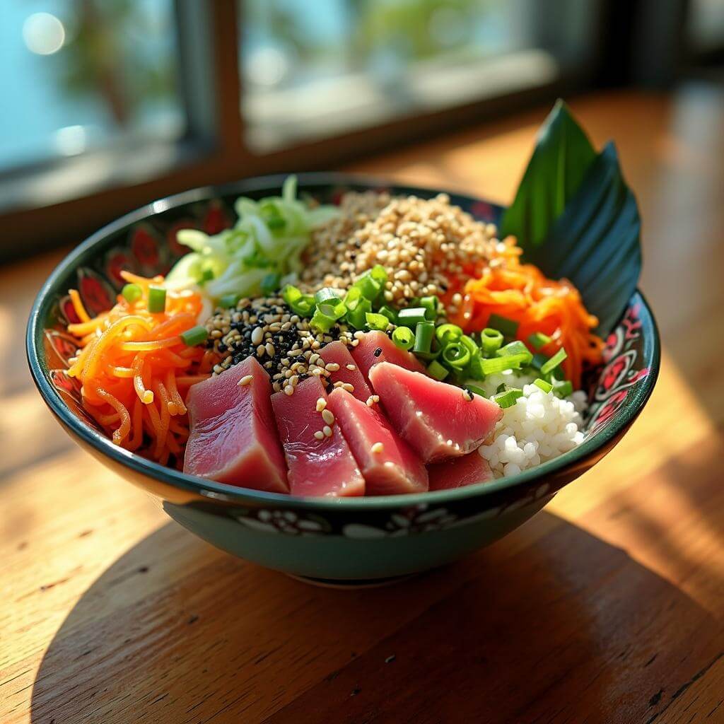 Colorful Hawaiian poke bowl with fresh ahi tuna, green onions, seaweed, and sesame seeds on a wooden table, under natural sunlight