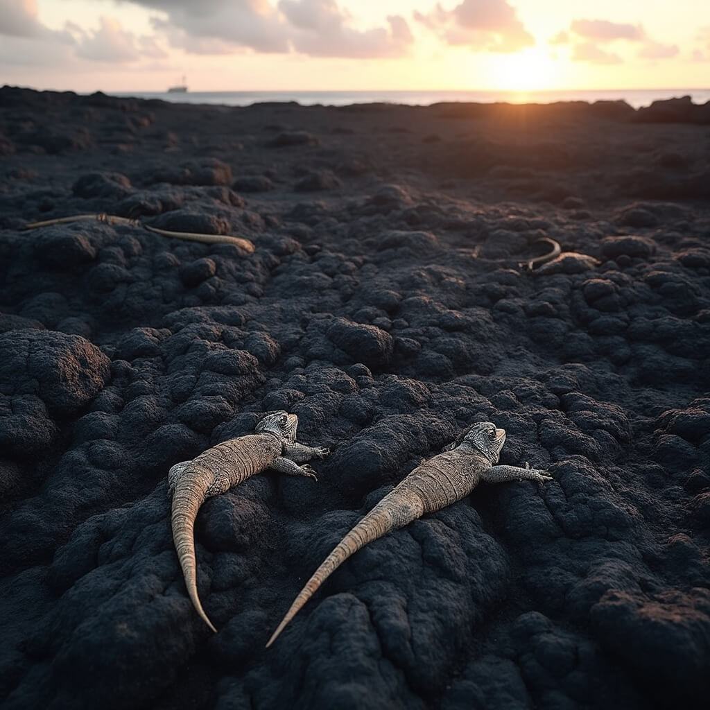 Marine iguanas scattered across black volcanic rock formations in the Galápagos Islands during golden hour