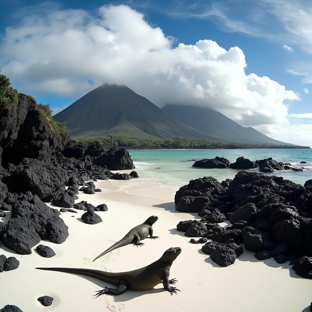 Marine iguanas basking on pristine beach of Isabela Island, with black volcanic rocks and iconic peaks under a partly cloudy sky