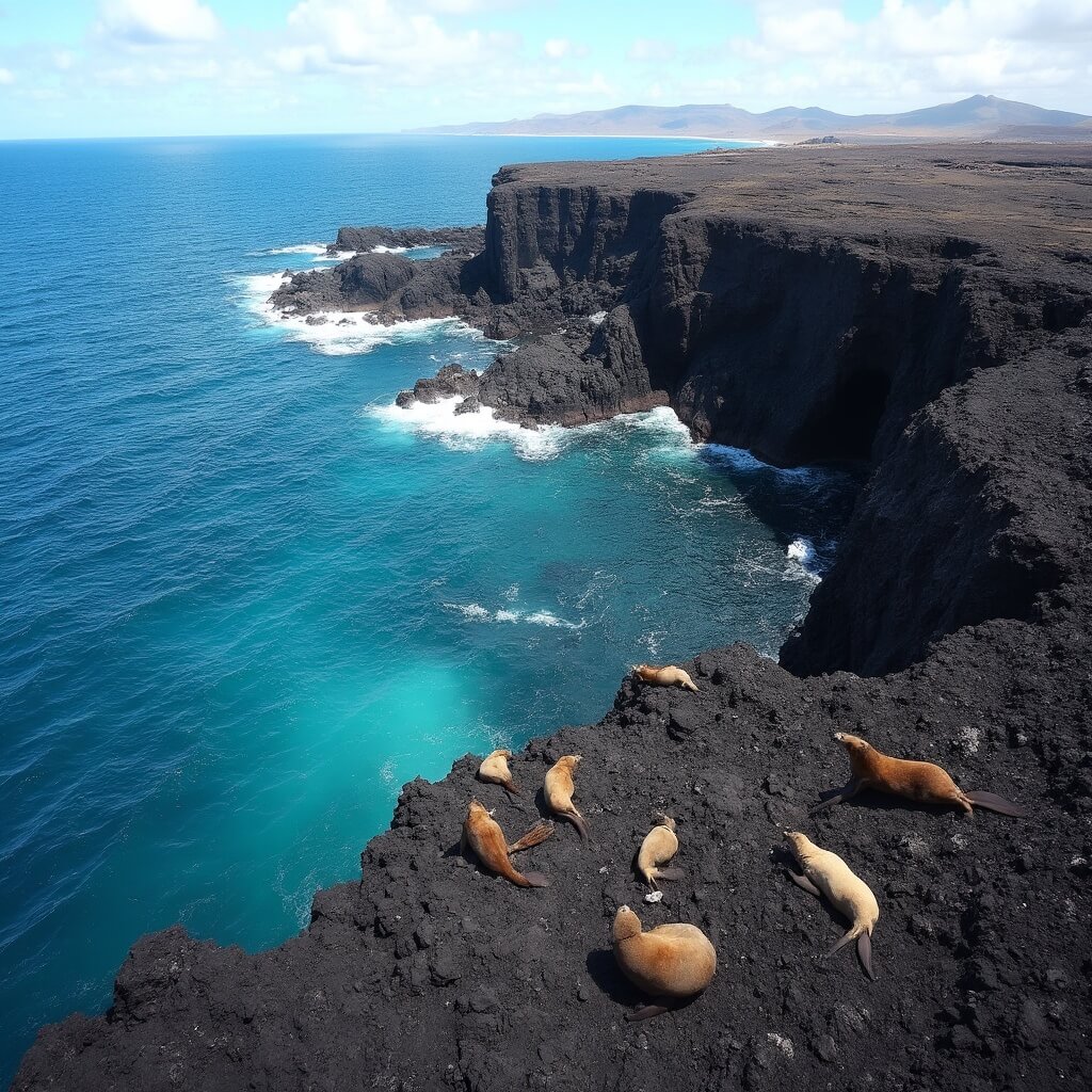 Sea lions resting on black lava rocks at Galápagos coastline with volcanic terrain and vast Pacific Ocean in the background