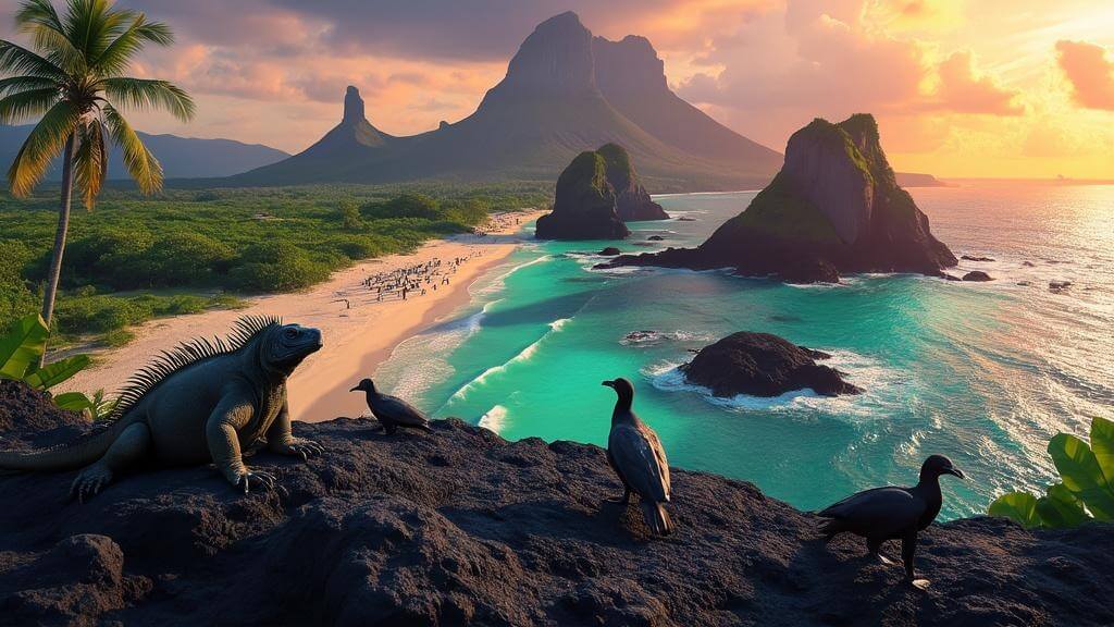 "Aerial view of Galapagos Islands at sunset featuring wildlife including a marine iguana, blue-footed booby, giant tortoises, sea lions, penguins, and Darwin's finches; amidst volcanic formations and turquoise waters."